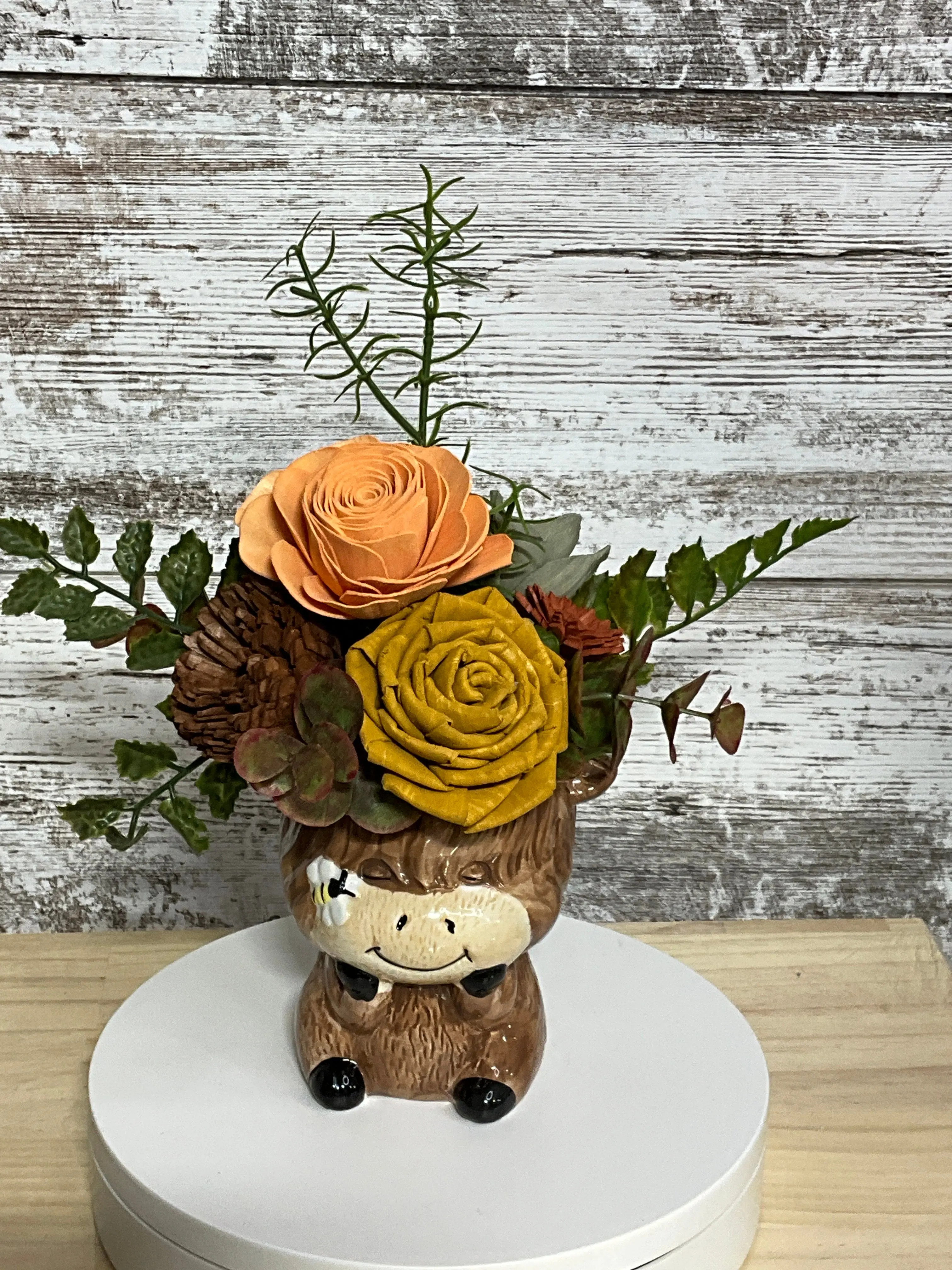 Mini Cow Sola Wood Flower Arrangement, Sage Home Decor Piece with Ceramic Accent
