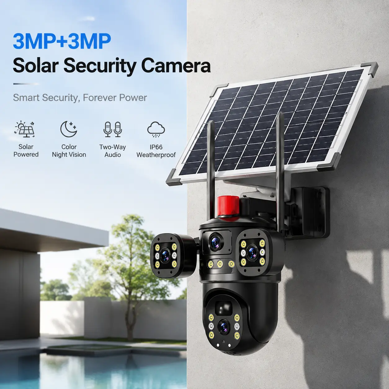 【Summerfinds】【DealsForYouDays】Solar Battery WiFi Security Camera – 3 Lens 360° Pan/Tilt, Wireless Outdoor Home CCTV Surveillance System,for Valentine’s Day Gift