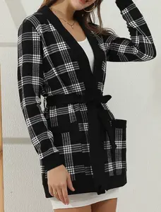 Plus Size Long Sleeve Black Plaid Cardigan with Pockets