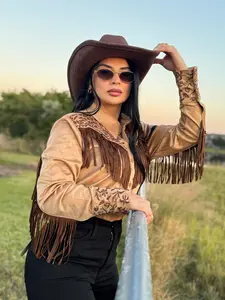 Cowgirl Western-Style Shirt Beige with Handcrafted Embroidery and Long Fringes for Chic Cowgirl Vibes