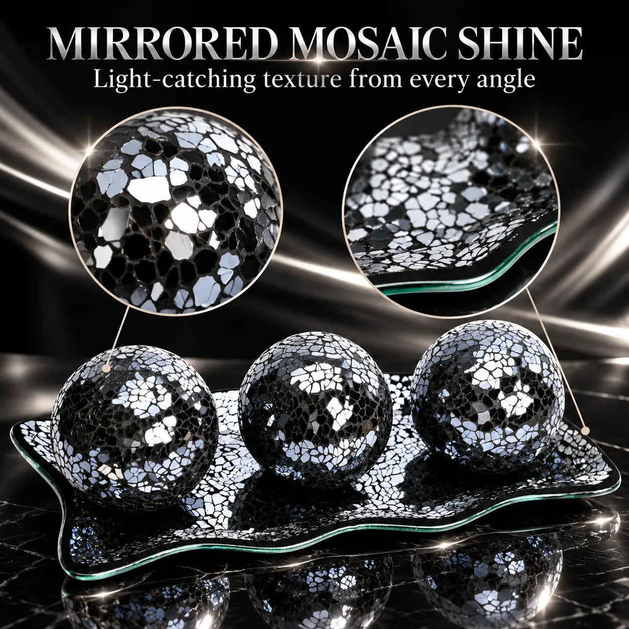 3pcs Decorative Glass Orbs And Bowl Set for Home Easter Decorations, Mosaic Sphere Centerpiece Balls with A Plate, Table Accents, Black 3 Inch, for Wedding, Party, DIY Projects, Kids, Adults