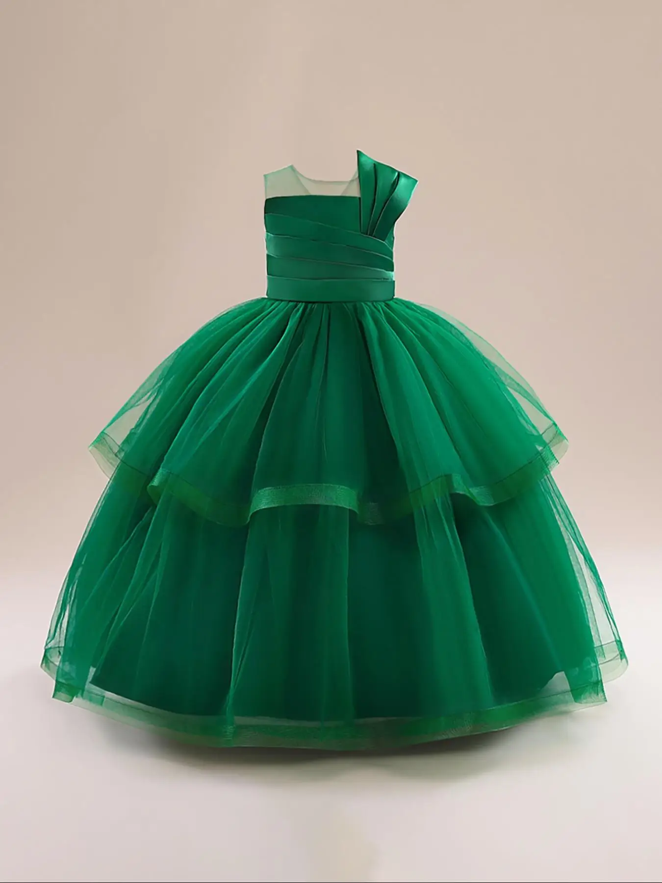 Girl's Solid Bow Back Tiered Layer Tulle Dress, Elegant Sleeveless Round Neck A-line Dress for Wedding Party, Kids Partywear