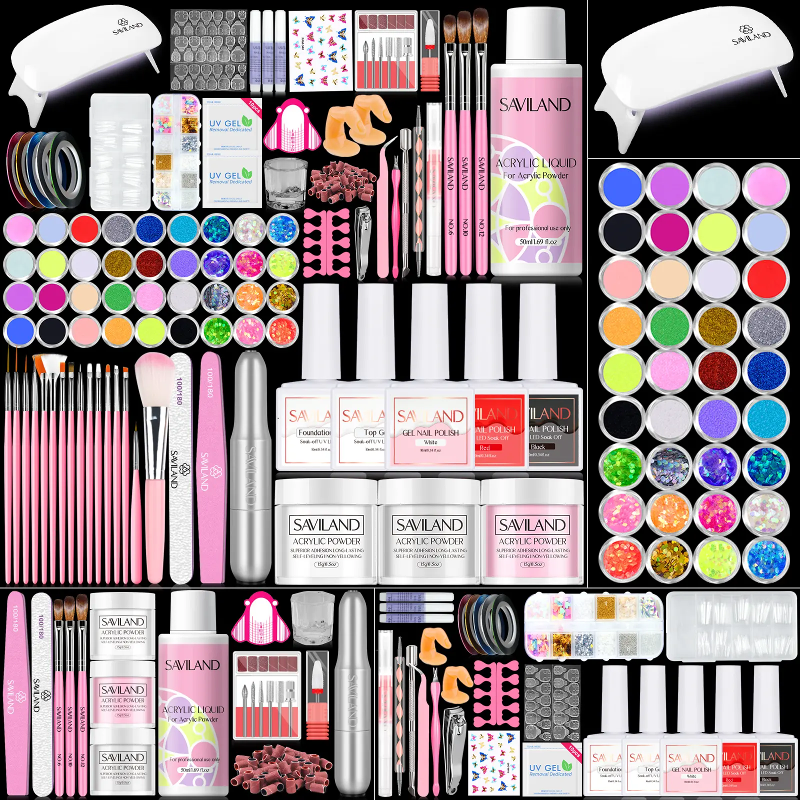 Saviland Acrylic Beginners Nail Kit: All-in-one Starter Kit Powder Liquid Drill UV light DIY Acrylic Polish Manicure Glossy Cutics Comfort Nail Polish
