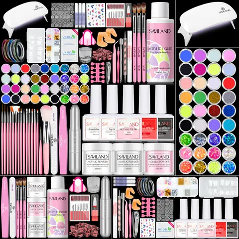 Saviland Beginner-Friendly Pro Acrylic Nail Set - UV Gel Kit with Powder, Liquid, Drill, UV Light, Glossy Cuticle Care, Polish for DIY Manicure