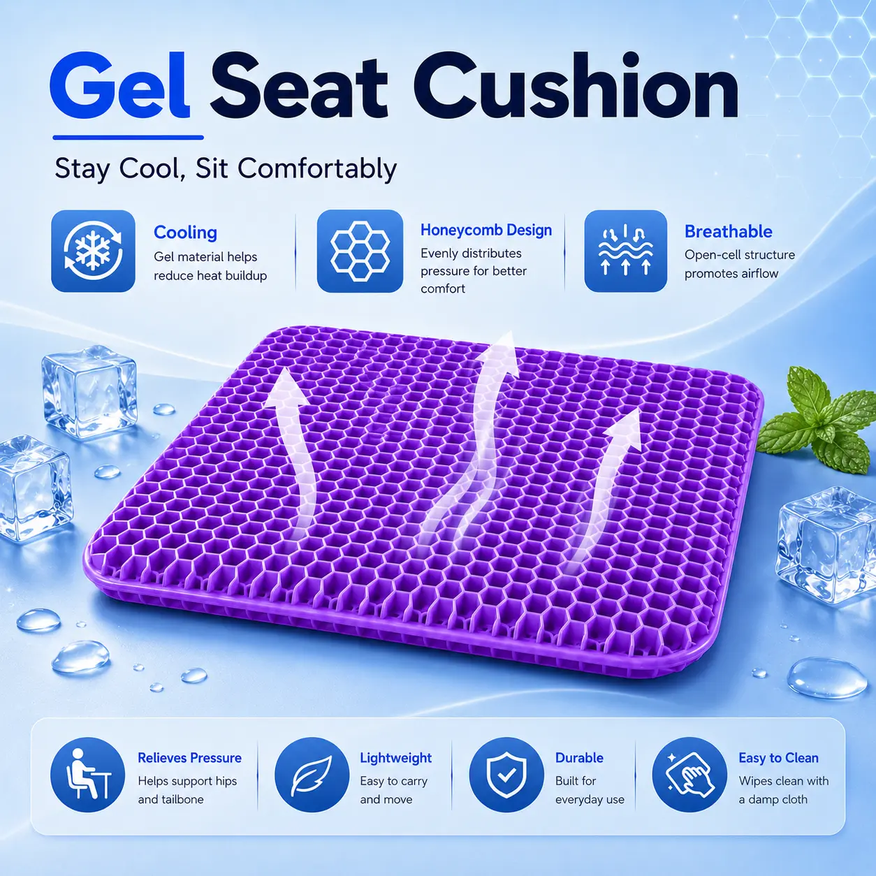 Gel Material Cooling Seat Cushion with Honey Comb Design, Chair Support for Office Chair & Car, Breathable Pressure Relief Pad
