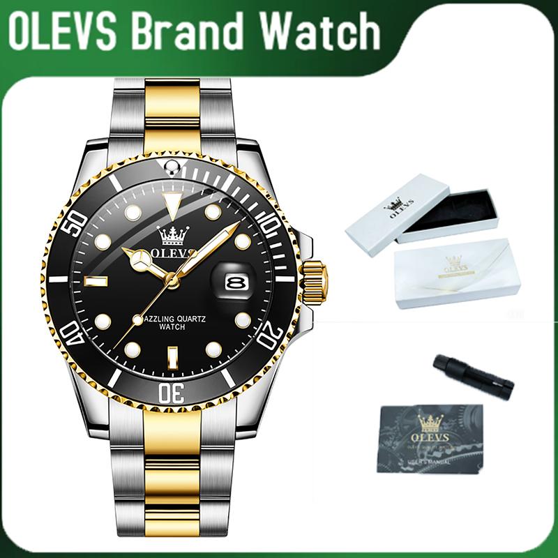 OLEVS Men's 41mm Big Face Stainless Steel Male Watch - Durable Chronograph, 2-Tone Design, Luminous Analog Quartz, Iced Out Look, Date Function, Casual Wear Dress Watch (Gold Blue, Silver, Black Options)