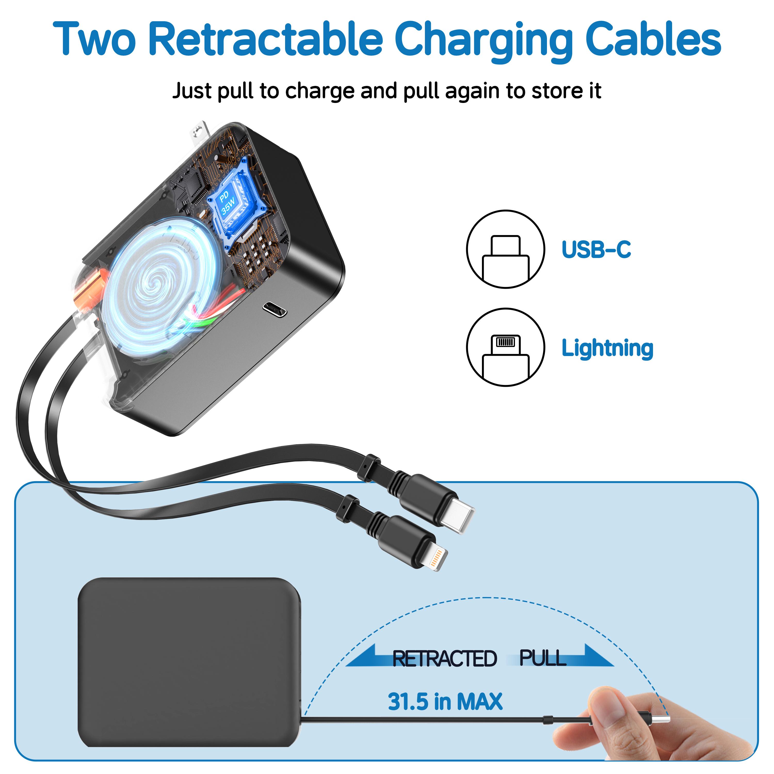 35W Retractable Wall Charger with Dual Cables, 3-Port USB Charging Block, Fast Charging for iPhone, iPad, Tablets, LG, Samsung, and More