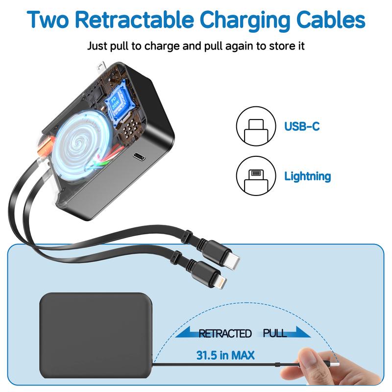 35W Retractable Wall Charger with Dual Cables, 3-Port USB Charging Block, Fast Charging for iPhone, iPad, Tablets, LG, Samsung, and More