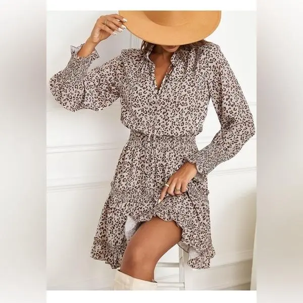 Cupshe Sweet Leopard Print Mini Dress Smocked Waist Henley Floral Small