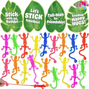 28 Pcs 3" Valentine’s Day Sticky Lizards with Cards for Kids in Seven Colors & 4 Card Designs, Sticky Hands Style Wall Throwing Toys, Novelty Party Favor Stuffers, Gift Supply for Boys Girls