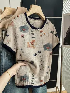 Watercolor Floral Print Round Neck Sweater, Casual Short Sleeve Knitted Knitwear for Spring Summer Fall, Comfortable Warm Women's Clothing
