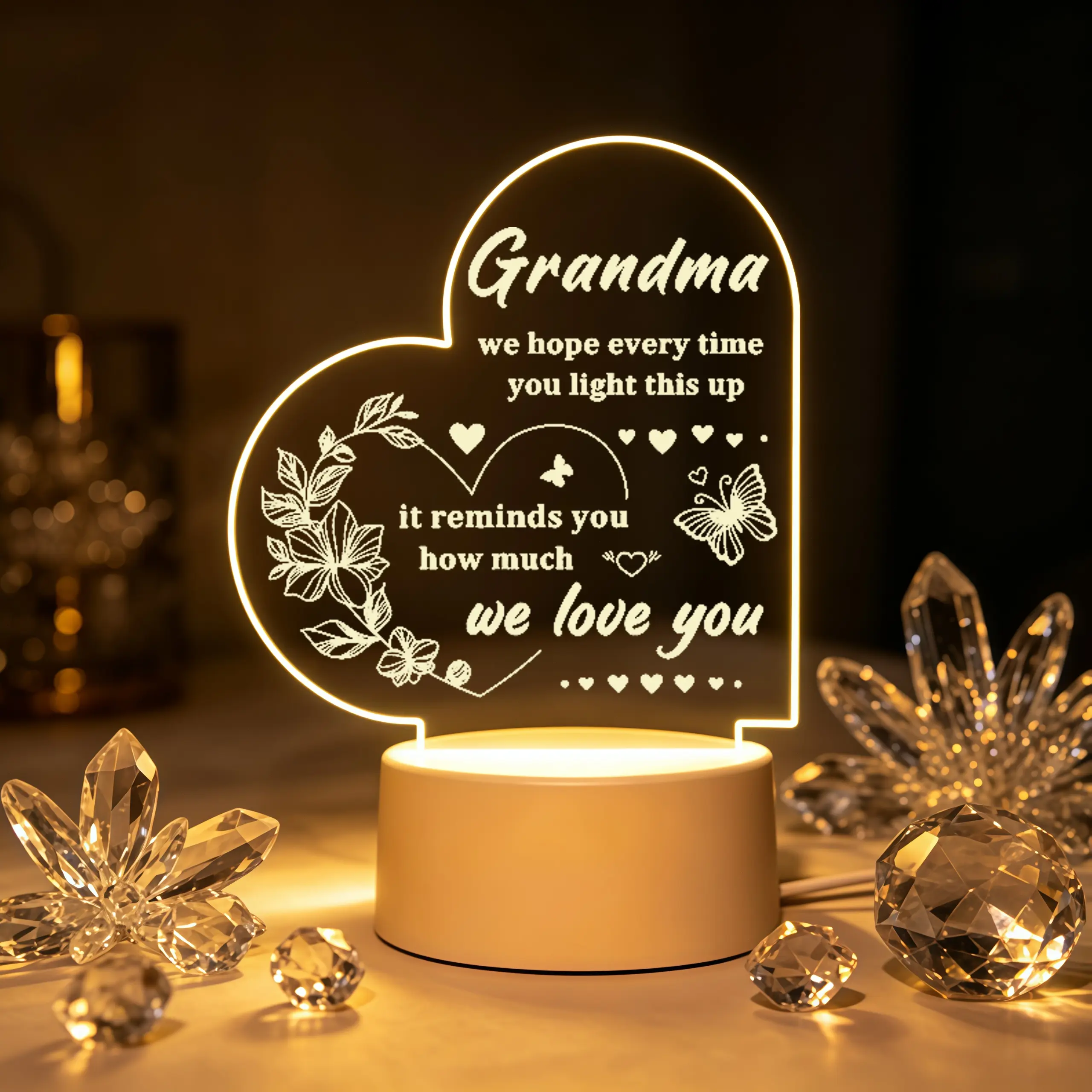 Heart Shaped 2D Acrylic LED Night Light for Grandma, Floral Butterfly Engraved Warm Table Lamp, Sentimental Keepsake Gift for Christmas Thanksgiving Birthday Mother's Day