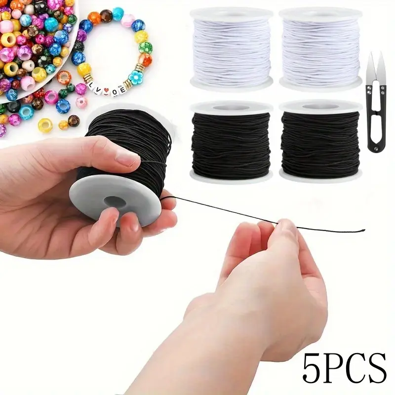 4 Pcs Nylon Rubber Stretch Elastic Ropes (50m x 1mm) - 1 Pair Scissors, 4 Hair Bands, Durable Sewing Accessory for DIY Jewelry, Crafting, Mask Projects