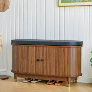 Giratree 2-Tier Shoe Storage Bench with Sliding Doors & Cushioned Seat, Adjustable Shelf for Entryway, Living Room, or Bedroom, Walnut, 13.8”D x 39.4”W x 22”H, Spacious & Organized Solution - Foot Rest Stools