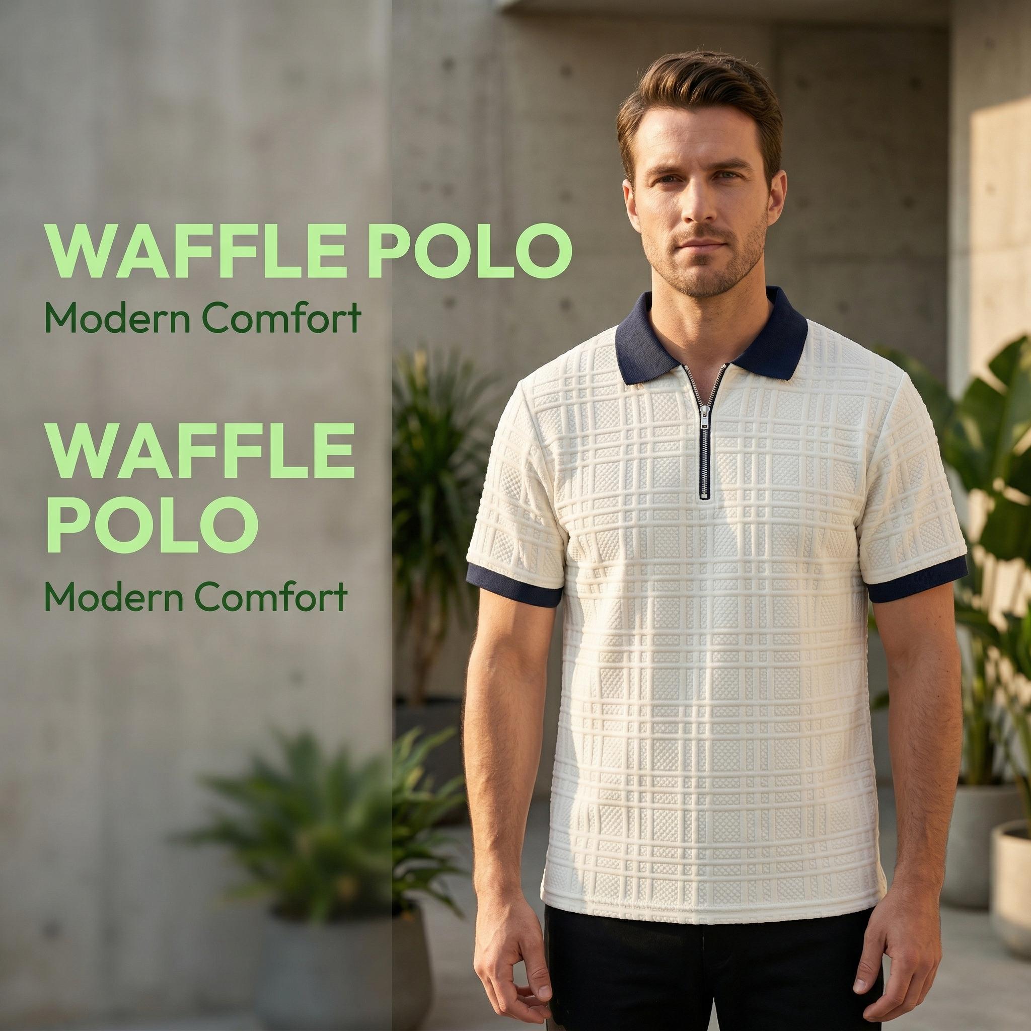 Mens Textured Half Zip Polo Shirt, Breathable Short Sleeve Golf Casual Tee for Men