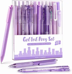 Four Candies 12Pack/Set Retractable Gel Pen, 0.5mm Fine Point Pen, Pastel Gel Ink Pen,Note Taking Aesthetic Pens, 11 Pack Black Ink Pens with 1 Highlighter,Cute Smooth Writing Pens for Office(Pink/Blue/Brown/Green/Purple)back to school Stationery Supplies