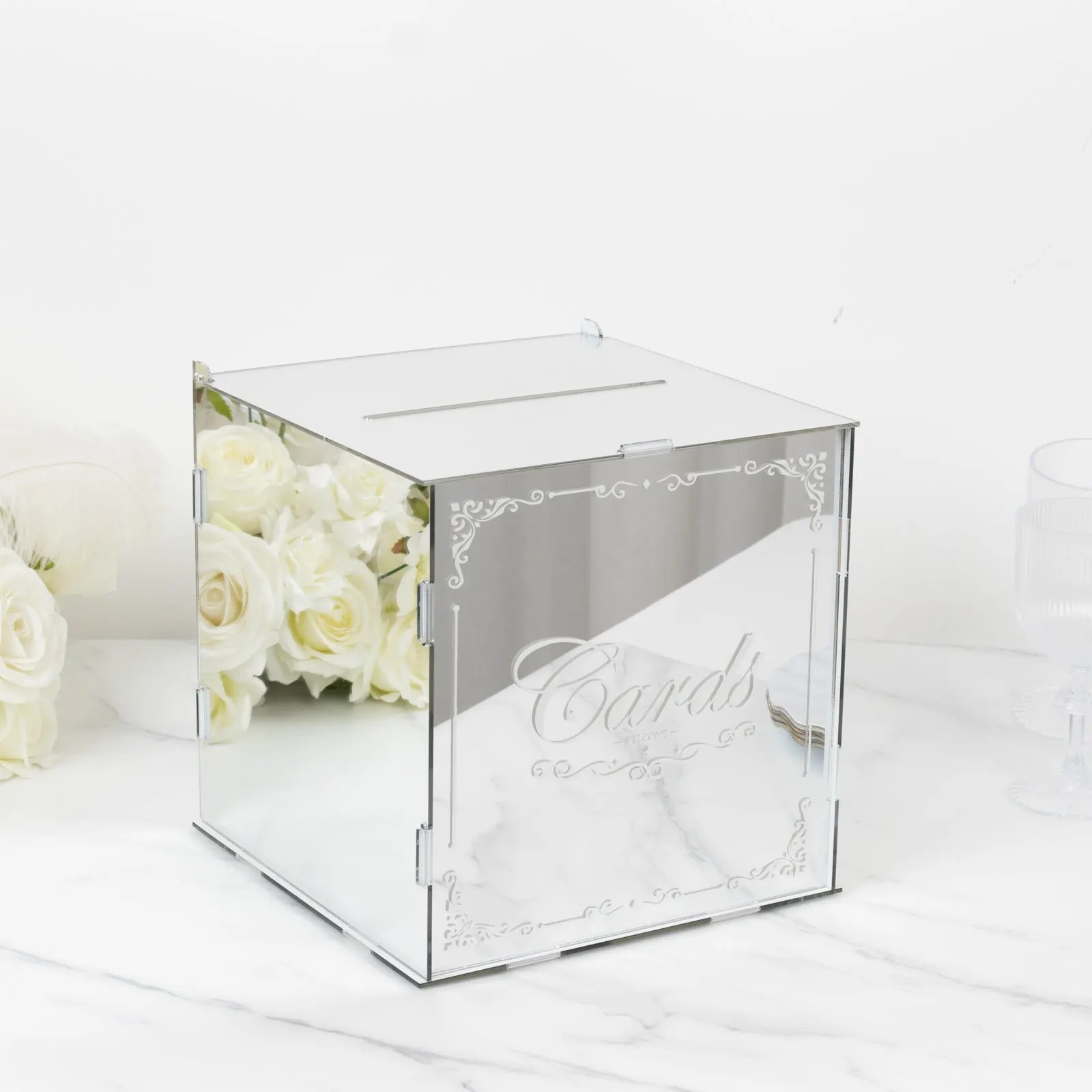 10" Silver Mirror Acrylic Card Box with Slot - Wedding Donation, Fundraising & Advice Box for Weddings, Birthdays, Donation Box