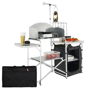 summervibes Portable Folding Lightweight Outdoor Cooking Station, Aluminum Camping Kitchen Table with 1 Cupboard, Detachable Windscreen, Storage Carrying Bag, Easy-Assembly for Picnic BBQ, Portable Folding Table