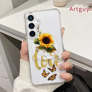 Sunflower Love Butterflies Pattern Magnetic Phone Case for  Samsung Galaxy S26 S23 Ultra S24 Plus FE S25 S22+ Anti-Yellowing Shockproof Lightweight Transparent Acrylic Large Hole Soft Cover Supports Wireless Charging