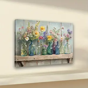 2D Flat 1pc Wildflower Canvas Wall Art with Colorful Glass Bottles - Wood Framed Horizontal Rustic Floral Painting for Living Room, Bedroom, Office Decor - Spring Autumn Home Gift, Flower Wall Decor