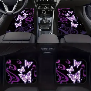 4pcs Purple White Butterfly Print Front and Rear Seat Car Floor Mats, All Weather, Auto Interior Decoration Vehicle Fiber Matting Dashboard Car Accessories Women