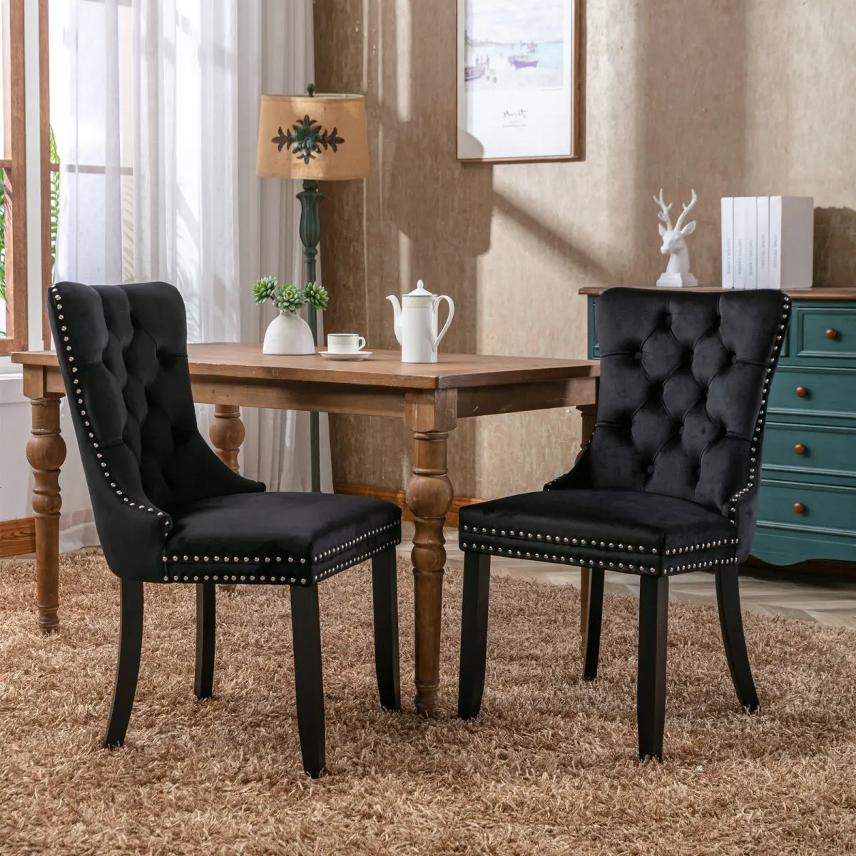 Velvet Dining Chairs Set of 2, Upholstered Dining Room Chairs with Ring Pull Trim and Button Back, Luxury Tufted Modern Dining Chair for Living Room, Bedroom, Kitchen