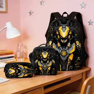 Durable Water Resistant 3-Piece Backpack Set for Kids, Lightweight School Bag with Lunch Box & Pencil Case, 600D Oxford Cloth with Cool Mecha Robot Print, Padded Breathable Straps & Mesh Back, 15-inch Laptop Compartment, Insulated Lunch Bag & Matching Sta