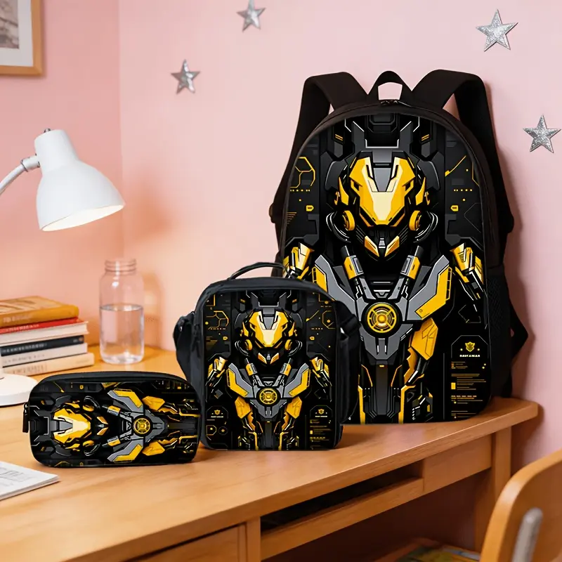 Kids' 3-Piece Backpack Set with Mecha Robot Print, 600D Oxford School Bag, Insulated Lunch Bag & Pencil Case, Water Resistant with Adjustable Shoulder Straps for First Day of School, School Lunches