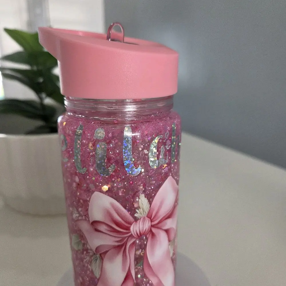 Glitter Water Bottle with Pink Bow Design and Pink Lid Glitter Water Bottle with Pink Bow Design and Pink Lid