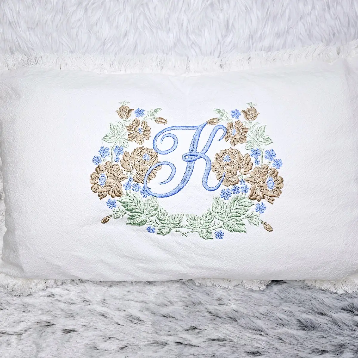 Embroidered 12x20 Pillow with Floral Design customizing available.