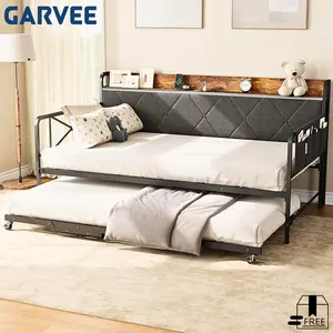 Garvee Daybed Frame with Trundle and LED Light, Twin Size Bed Frame with Upholstered Headboard and Charging Station, Metal Frame Sofa Day Bed for Living Room, Bedroom and Guest Room
