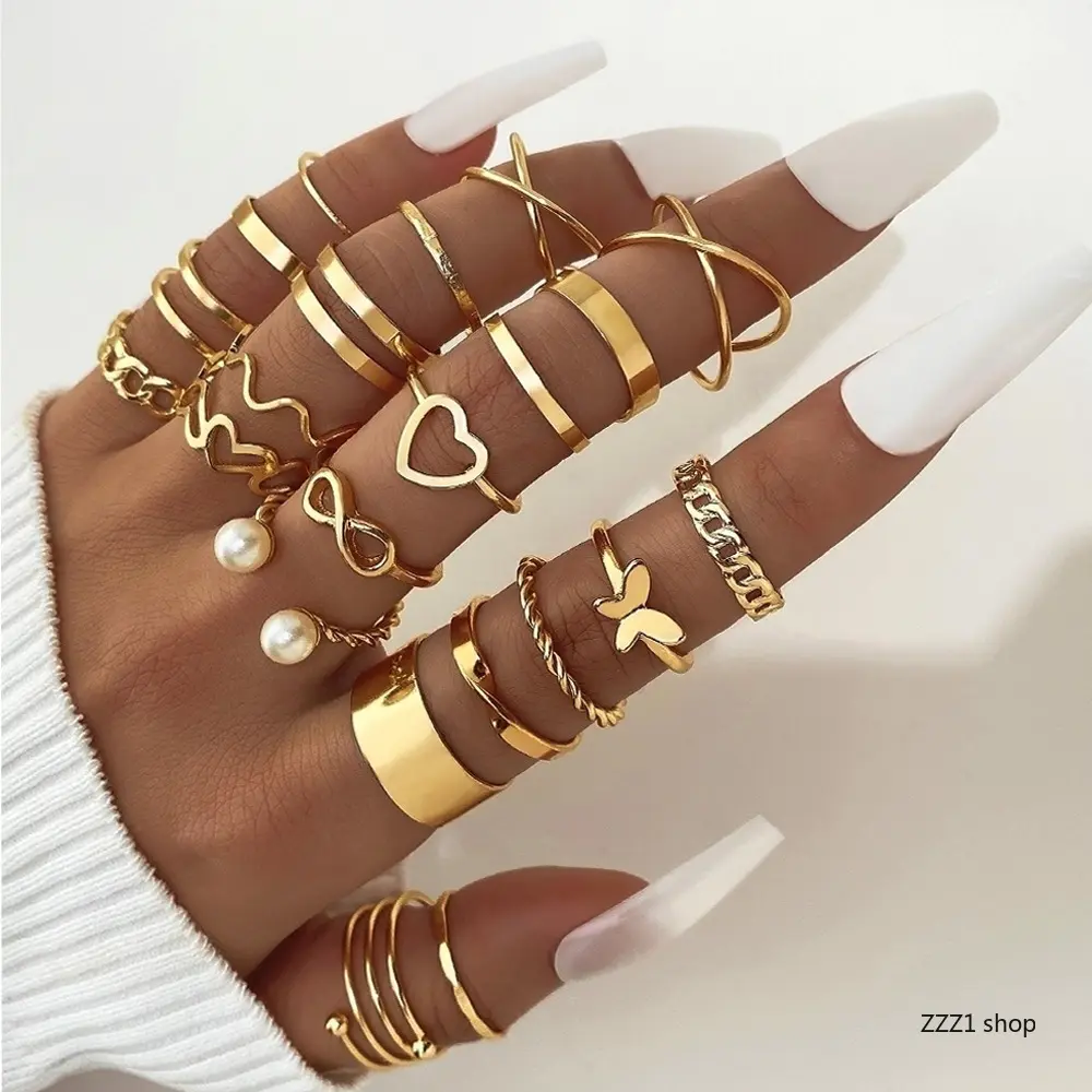 22-Piece Gold Stacking Rings Set for Women, Dainty Knuckle Jewelry with Butterfly, Heart, and Pearl Accents, Elegant Daily Wear Gift, Daily Wear Jewelry, Elegant Fashion Rings, Gold Rings
