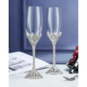Champagne Flutes -  Glass Metal Base With , Set of 2 Toasting Flute Pair, Wedding Anniversary Party Birthday Banquets and s for Bride and Groom7oz