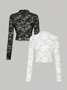 Fashion Women's Two-Piece Lace Transparent Long Sleeve Graphic Top Blouse, Party, Elegant Gothic Style, Trendy Fashion, Aesthetic Womenswear