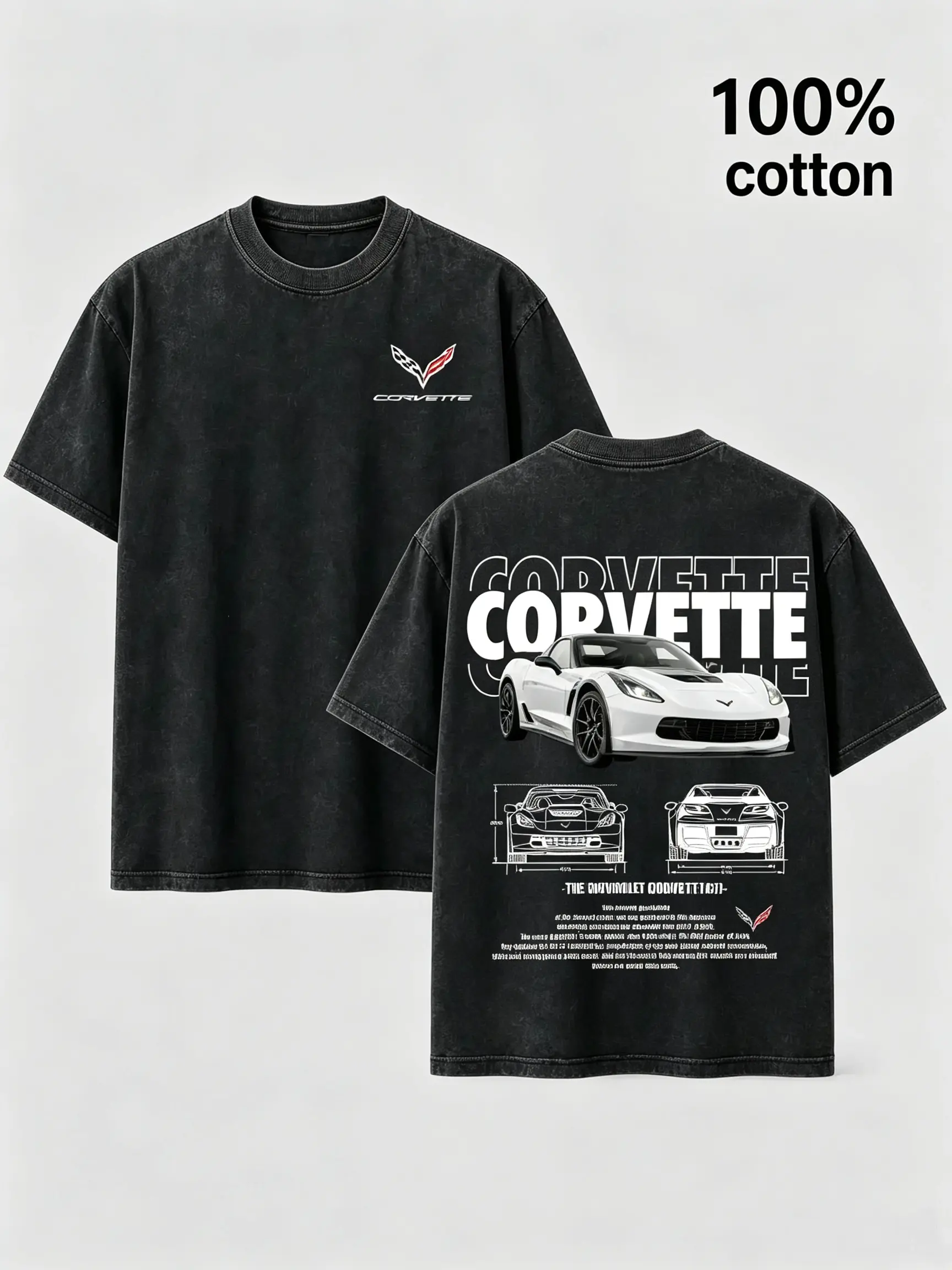 Vintage Washed Corvette Graphic T Shirt Oversized Heavyweight Cotton Tee Sports Car Graphic Streetwear Retro Acid Wash Loose Fit Y2K Fashion Casual Summer Unisex Graphic Shirt