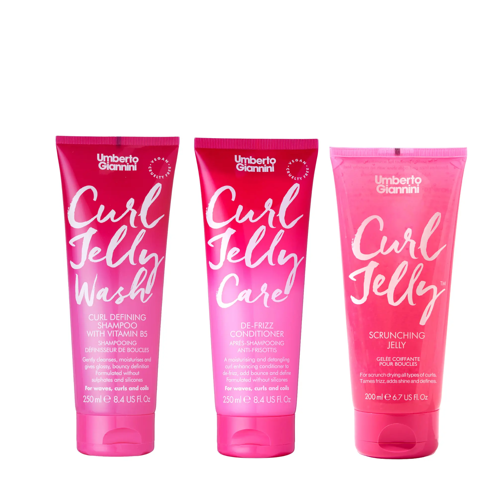 Umberto Giannini Curl Jelly Styling Trio - Wash + Care Shampoo & Conditioner, Curl Jelly Scrunching Jelly Curl Gel - Wash & Style all Waves, Curls, Coils - Define, De-Frizz & Add Shine