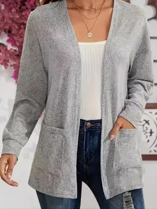 Women's Solid Color Open Front Lightweight Long Sleeve Jacket, Casual Fashionable Pocket Design Outerwear for Spring & Fall, Ladies Clothes Tops for Daily Wear, Coats