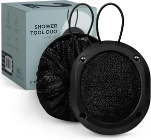 MainBasics Shower Tool Duo 2-1 Shower Loofah Sponge and Exfoliating Body Scrubber (2 Pack, Black)