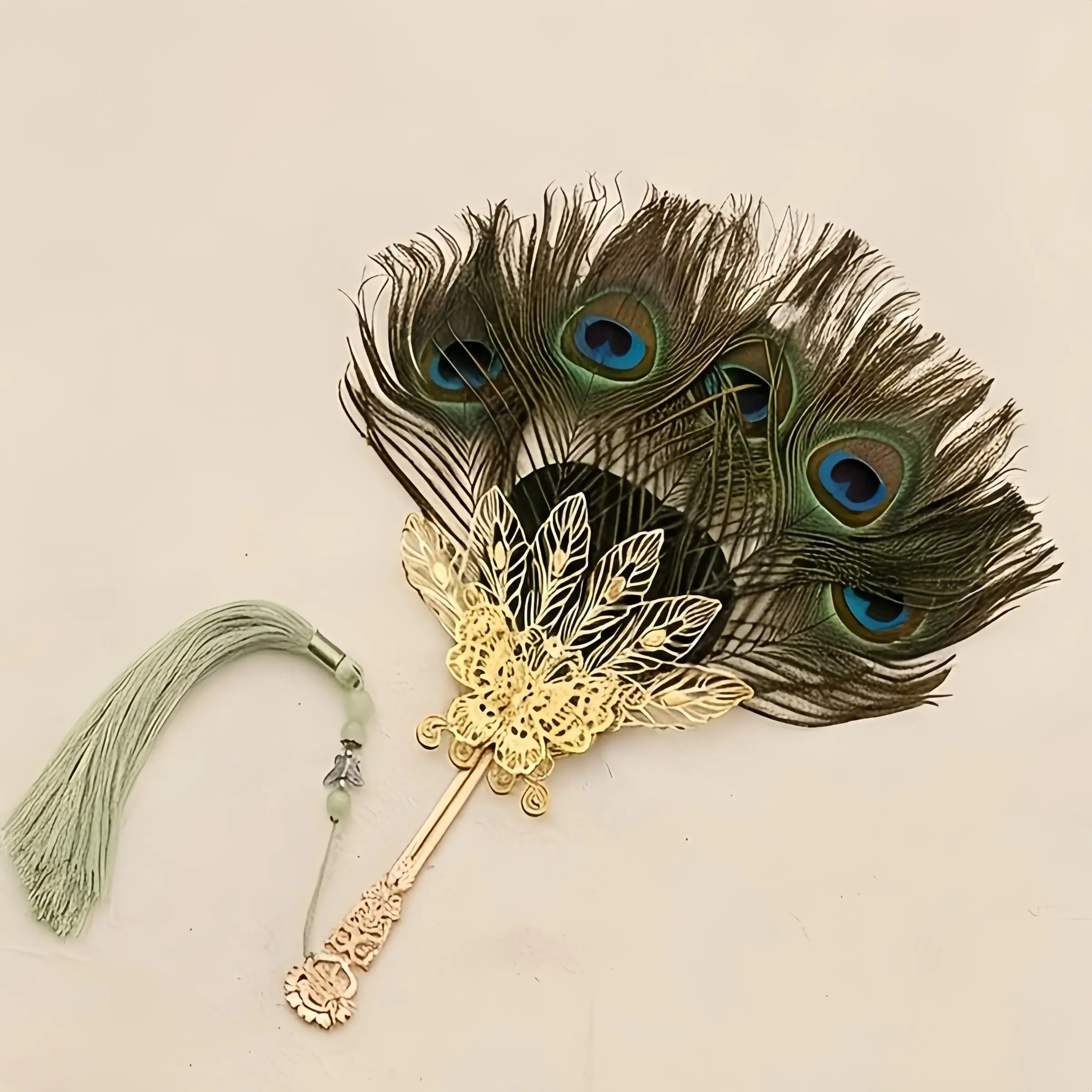 1pc Gold Feather Peacock Hand Fan, Traditional Hanfu Round Fan, Chinese Fan, Wedding Hand Fans, Elegant Handheld Accessory, Perfect for Cultural Events