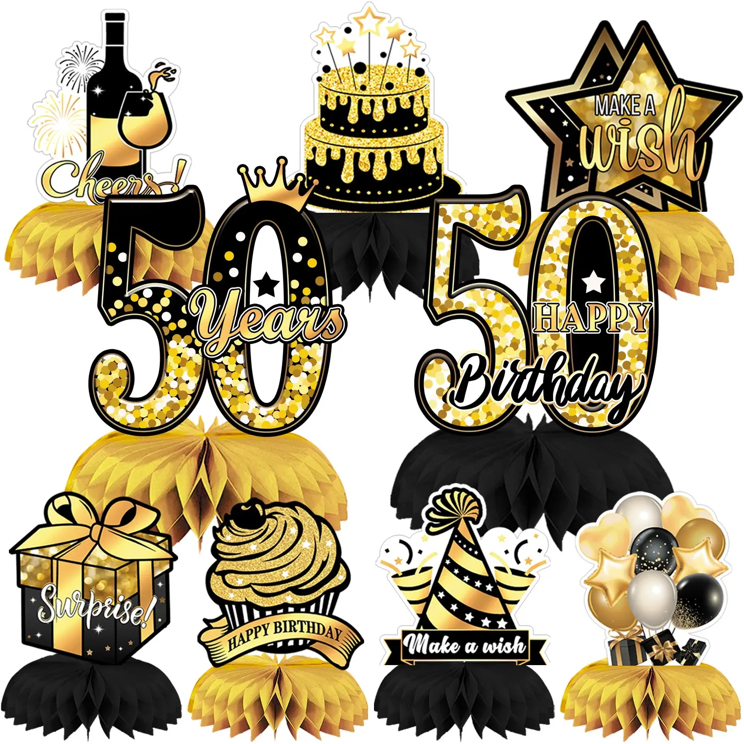 9 Pcs 3D Black Gold 50th Birthday Table Centerpieces Decor for Party Cheers to 50 Years Celebration Supplies Decoration Set