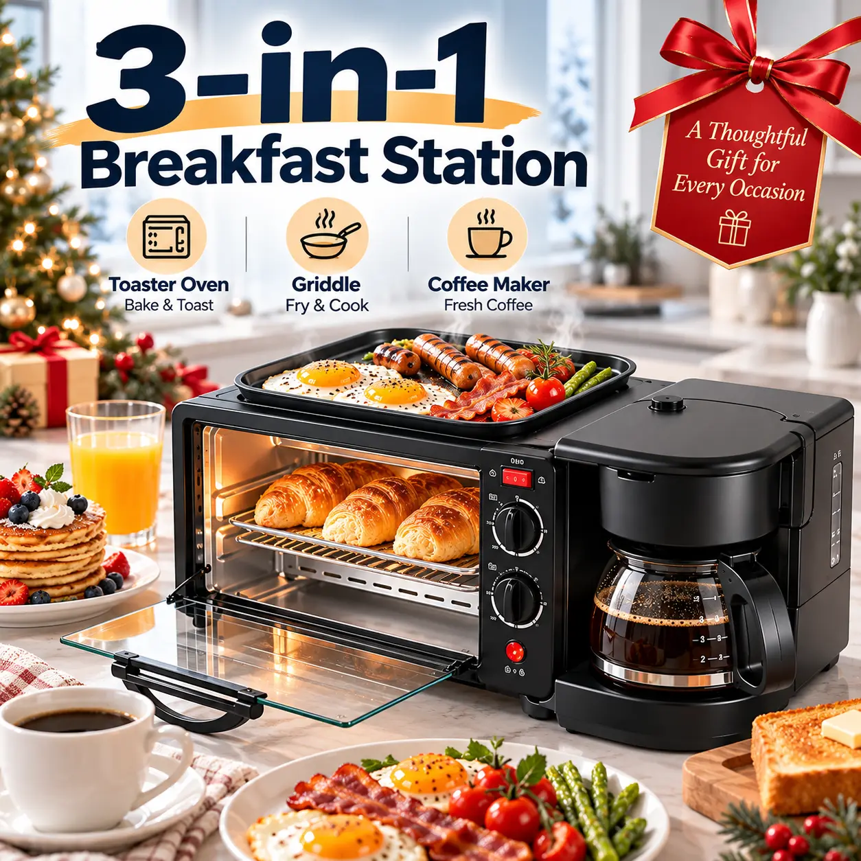 3-in-1 Breakfast Station with Toaster Oven Griddle & Coffee Maker All-in-One Countertop Breakfast Maker for Home Apartment Christmas Housewarming Gift