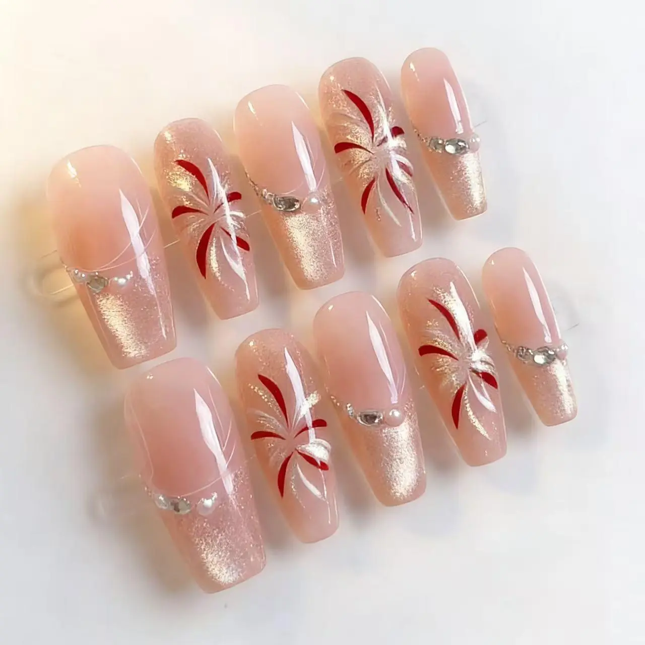 Firework Cat Eye French Tip Press-On Nails - Solid S Size, Reusable, Sparkle Accents, Casual, Chic, Cute, Easy to Apply, Comfortable Wear, Quick Styling, Elegant Beauty Product for Parties, Perfect Gift for Friends, No Excessive Prep Needed