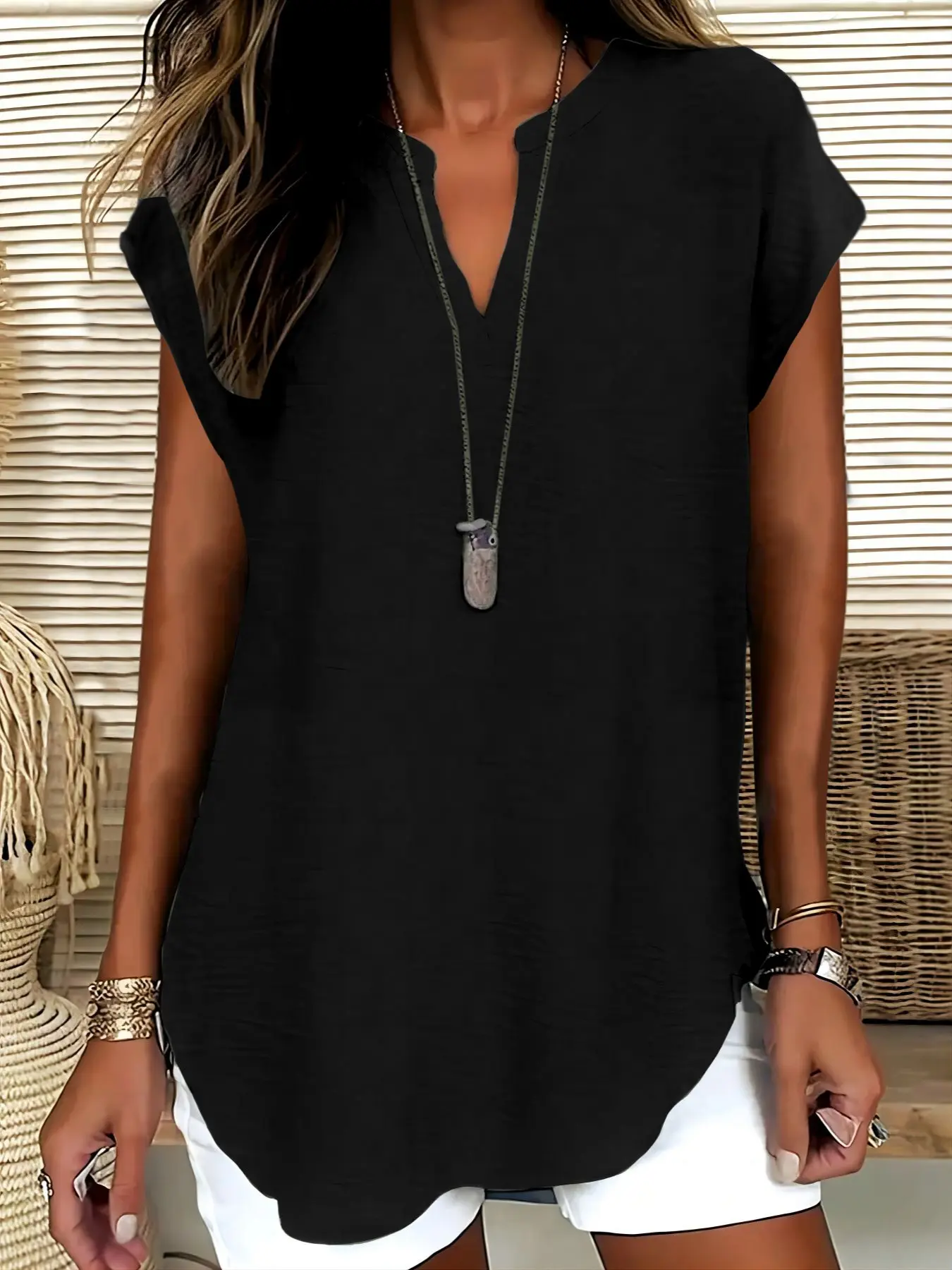 Women's Loose Oversized V-Neck Drop Shoulder Solid Pullover Top Shirt Style, Summer Casual Minimalist Simple Vintage Short Sleeve Blouse, Ladies Fashion Clothing Piece, Boho Flowy Tops