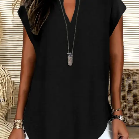 Women's Loose Oversized V-Neck Drop Shoulder Solid Pullover Top Shirt Style, Summer Casual Minimalist Simple Vintage Short Sleeve Blouse, Ladies Fashion Clothing Piece, Boho Flowy Tops, Loose Shirts