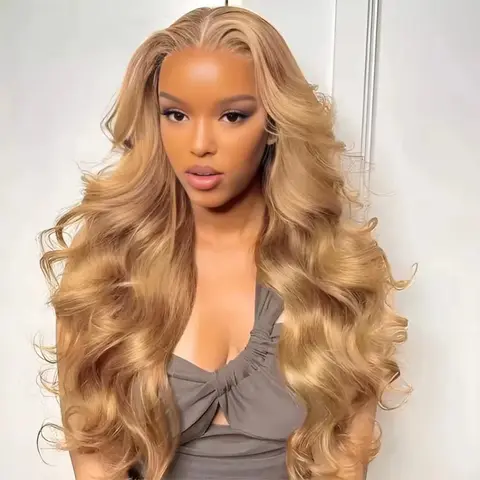 Honey Blonde Body Wave Lace Front Wig Human Hair #27 Colored Human Hair Wig PrePlucked Straight 13x6 HD Transparent Lace Frontal Wigs For Black Women