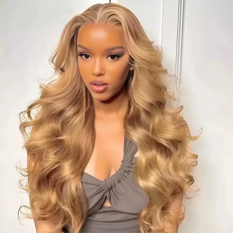 Honey Blonde Body Wave Lace Front Wig Human Hair #27 Colored Human Hair Wig PrePlucked Straight 13x6 HD Transparent Lace Frontal Wigs For Black Women