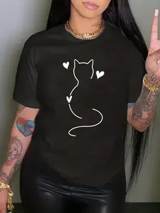 Women's Casual Fashion Loose Round Neck Short Sleeve Top, Cartoon Print Fitted T-Shirt, Comfortable Summer Wear