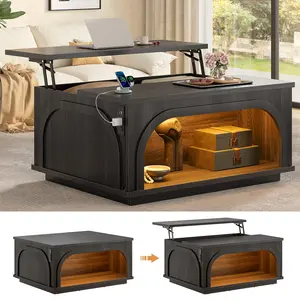 Sikaic Lift-Top Coffee Table with LED Lights & Charging Station, Hidden Storage & Open Shelf, Matte Black summervibes