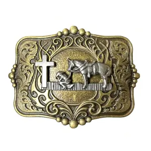 Praying Cowboy Western Belt Buckle - Faith Rodeo Christian Horse Cross Antique Brass Vintage Style - 3.5" x 2.75" Fits 1.5" Belts
