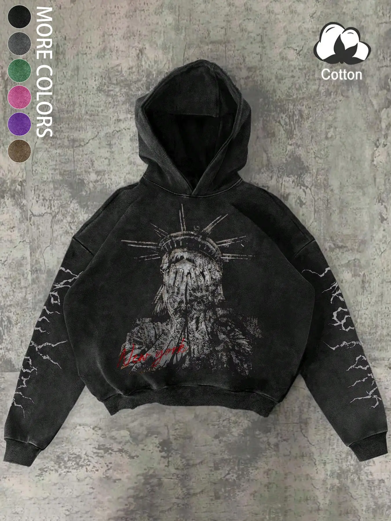 Men's Hooded Sweatshirt, Fitted Spring & Fall Thin Jacket, Gothic Statue Graphic Print, Gothic Printed Hoodie, Distressed Vintage Wash Cotton, Trendy Streetwear, Casual Fashion, Gothic Rock Hoodie, Fashion Streetwear Apparel
